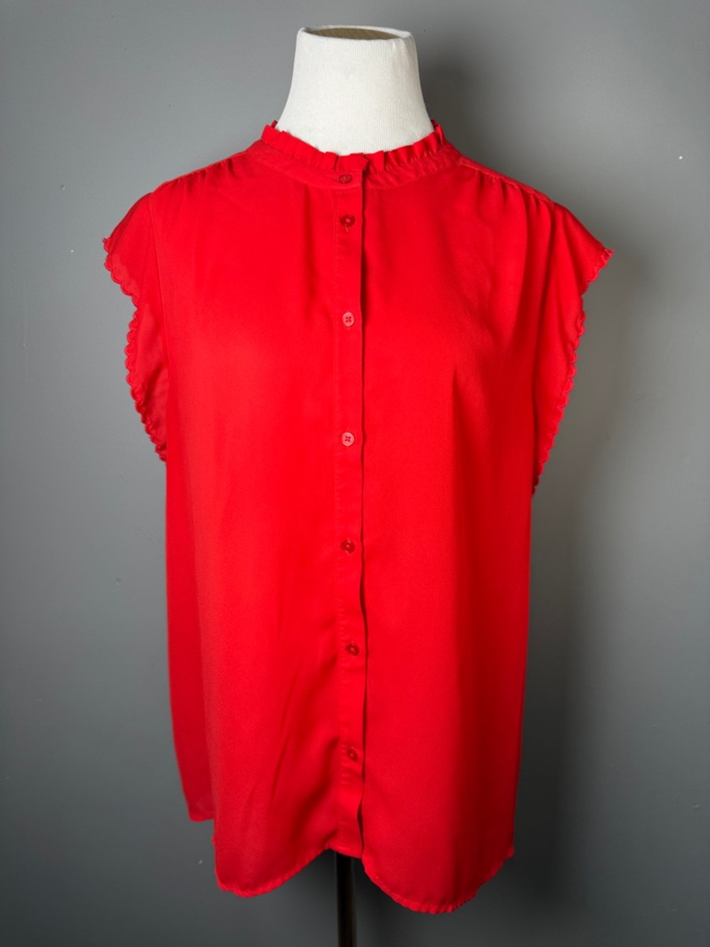 Sleeveless Ruffle-Trim Button Front Top - Red